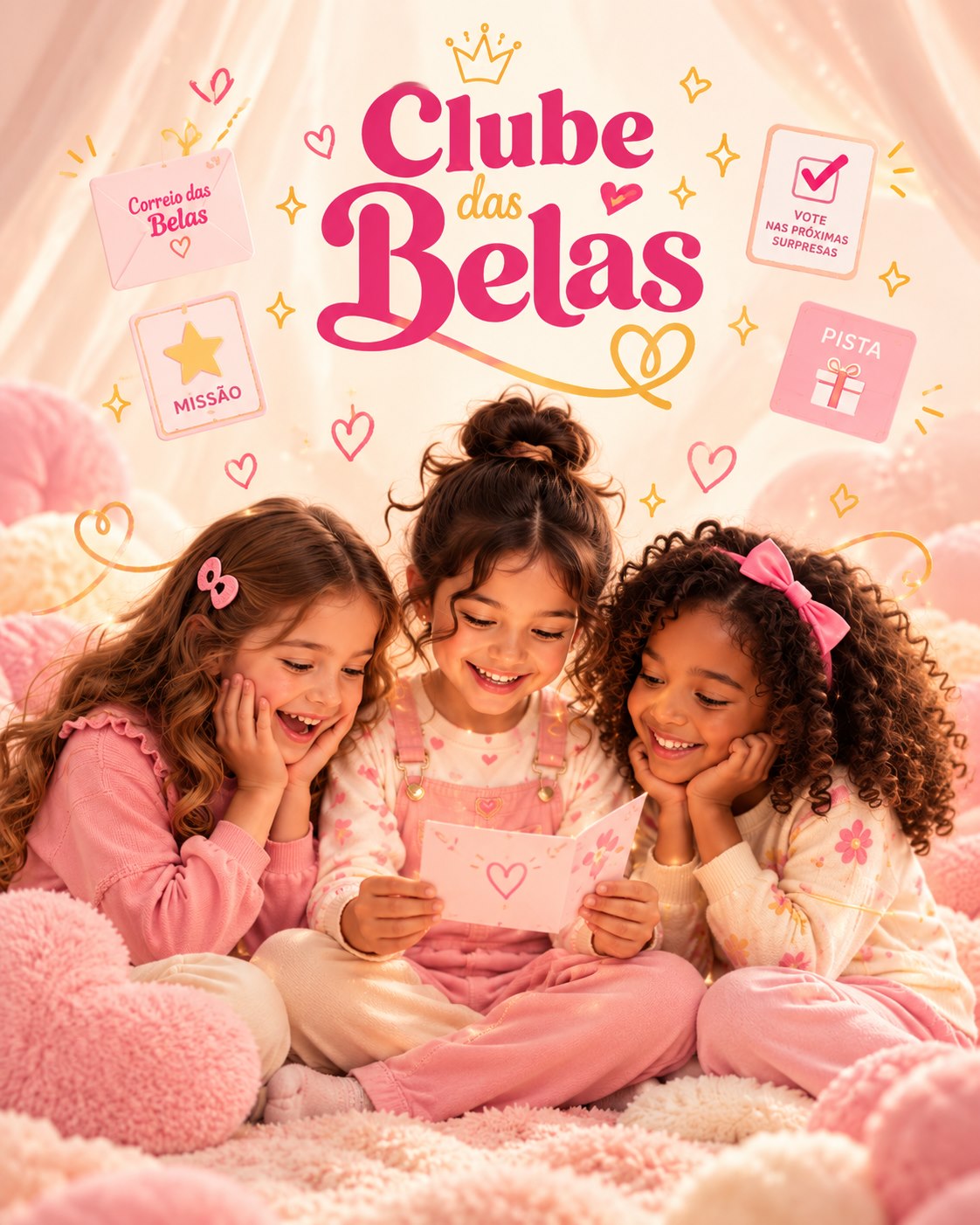 Clube das Belas: três amigas sorrindo ao ler um cartão, cercadas por missões, pistas, votações e o Correio das Belas