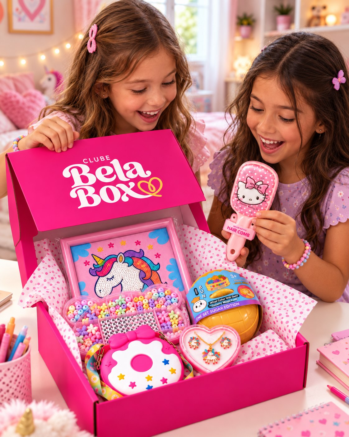 Duas meninas sorrindo ao abrir a Bela Box cheia de mimos