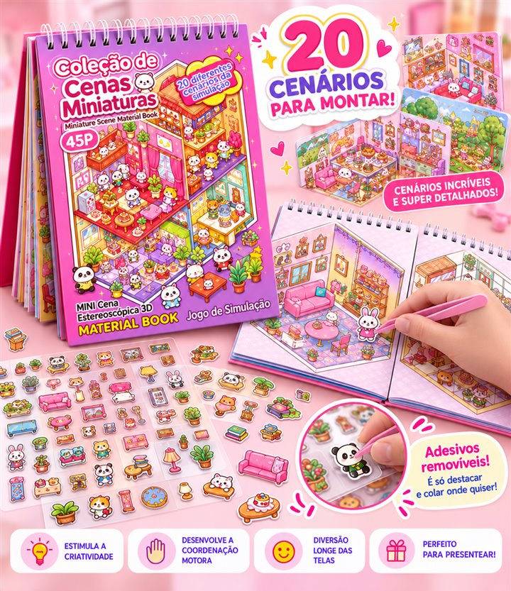 Caderno de adesivos removíveis com 20 cenários em miniatura para montar