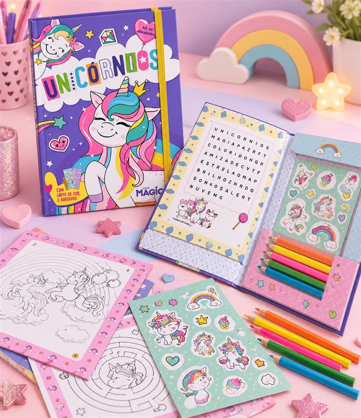 Kit de atividades dos unicórnios com caderno e adesivos