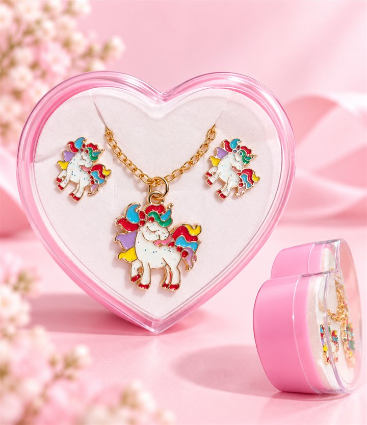 Conjunto de colar e brincos de unicórnio em estojo de coração