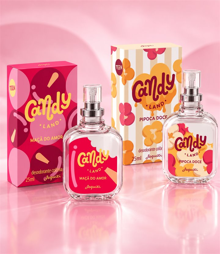 Colônias Jequiti Candy Land de 25 ml nas fragrâncias Maçã do Amor e Pipoca Doce