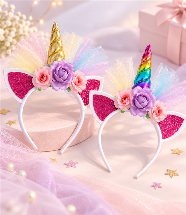 Tiaras de unicórnio com flores e tule colorido